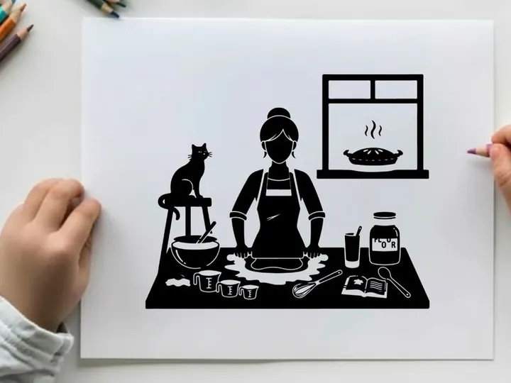 Silhouette of woman baking with cat in kitchen