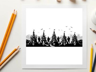 Silhouette of a medieval castle town with people and birds