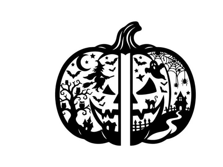 Halloween Pumpkin Silhouette with Witch, Moon, and Bats