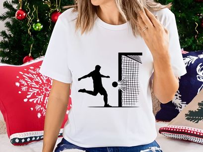 Soccer player kicking ball into goal net with dynamic movement and energy