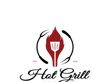 Simple Barbecue Vintage hot grill, with crossed flames and spatula. Logo for restaurant, badge, cafe and bar.vector preview picture