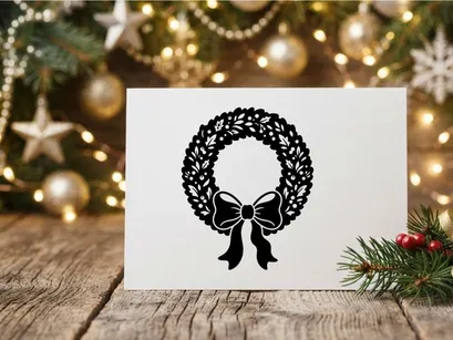 Black Christmas wreath silhouette with decorative bow isolated on white background