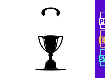 A trophy cup with a headset floating above it in a simple black silhouette graphic design preview picture