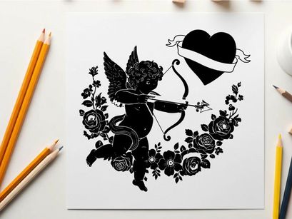 Cupid silhouette with heart and roses on white background