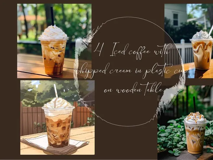 Iced coffee with whipped cream in plastic cup on wooden table