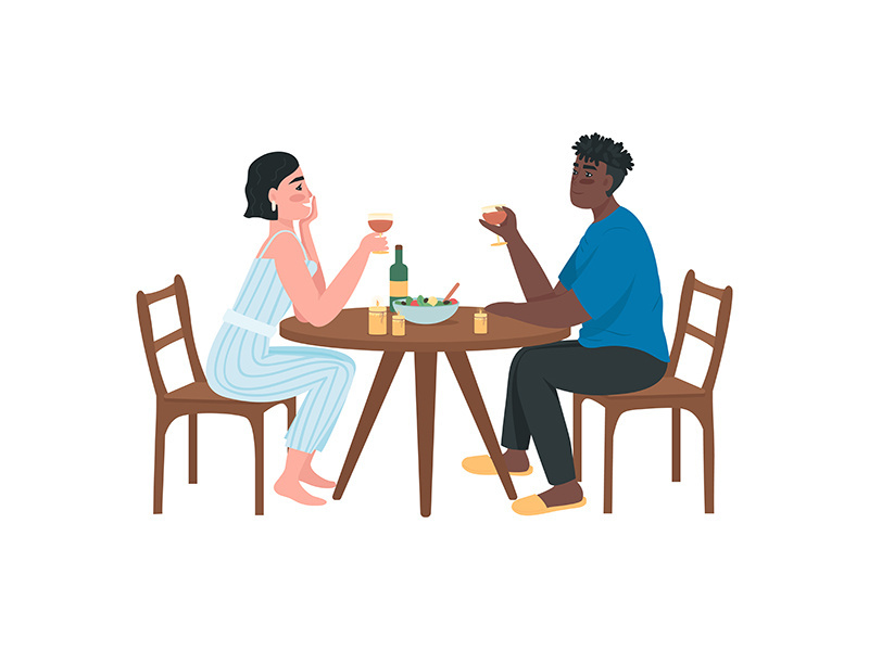 Interracial couple on romantic date flat color vector faceless characters