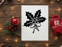 Black and white holly leaves with berries icon for Christmas holiday design elements.