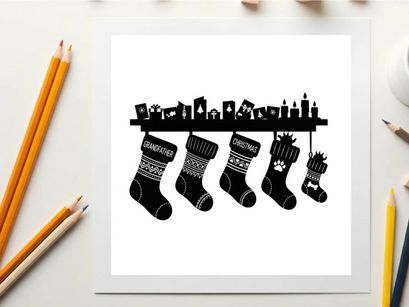 Christmas socks hanging on a city skyline silhouette