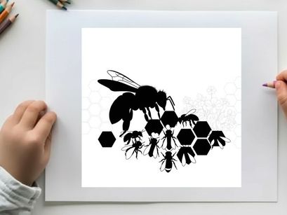 Silhouette of bees and ants on honeycomb pattern