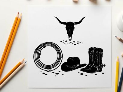 Western cowboy silhouette with bull skull and rodeo gear