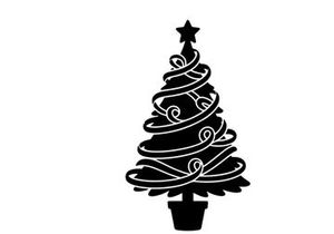 Black silhouette of a decorated Christmas tree with a star topper on white background