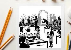 Silhouette of people gardening and planting in a community event setting