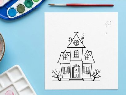 Ilustrasi rumah berhantu dengan arsitektur gotik yang menyeramkan. Grafik vektor Halloween klasik menampilkan rumah besar yang menyeramkan dan pepohonan yang gundul.