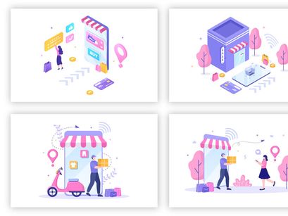 14 Mobile Store or Shopping Online in App Illustration