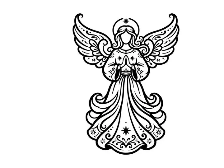 Black and white line art illustration of a praying Christmas angel with decorative wings.
