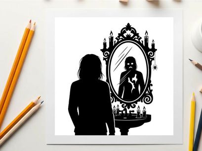 Silhouette of woman looking at her reflection in ornate mirror with candles