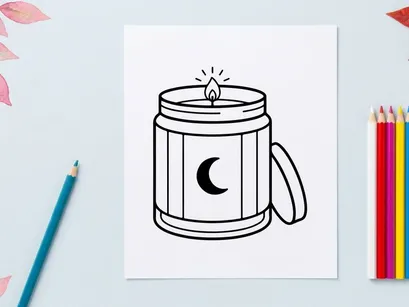 Vela perfumada com ícone de lua. Ilustração minimalista de linha de uma jarra de cera queimando.