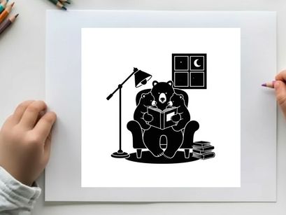 A silhouette of a bear reading a book in a cozy room at night silhouette