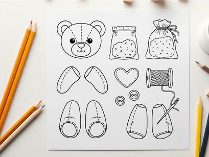 Cute sewing kit items and teddy bear flat design vector illustration
