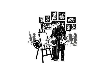 Silhouette of artist and child painting together in an art studio
