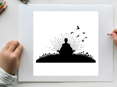 Serene silhouette of a person meditating in nature with birds flying free
