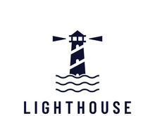 Sea lighthouse tower building creative logo with spotlights vintage vector template.