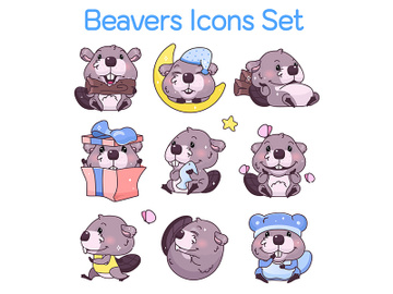 Cute beavers kawaii cartoon characters icons set preview picture