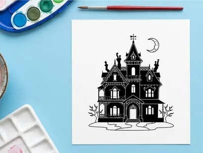 Haunted Victorian mansion illustration at night. Gothic spooky house with moonlit tower and eerie atmosphere.
