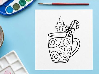 Christmas mug with candy cane line art illustration for holiday coloring page activity