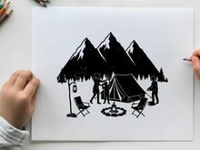 Camping silhouette scene with mountains tent and people