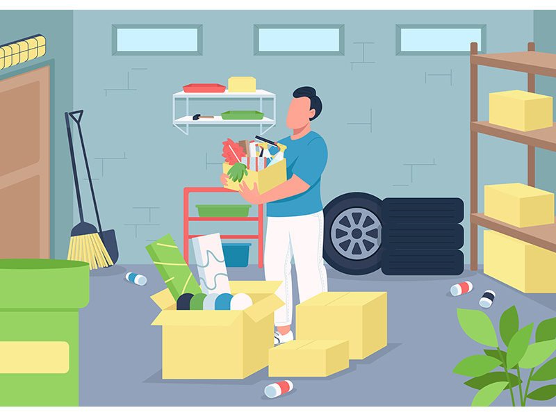 Garage cleaning flat color vector illustration