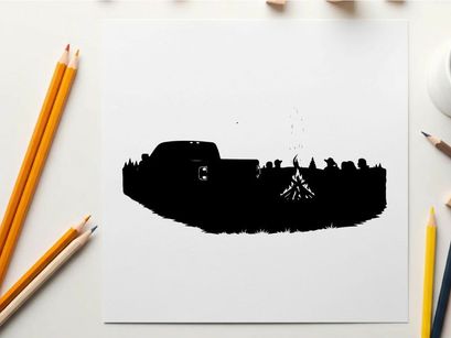 Silhouette of people gathered around campfire with vehicle silhouette