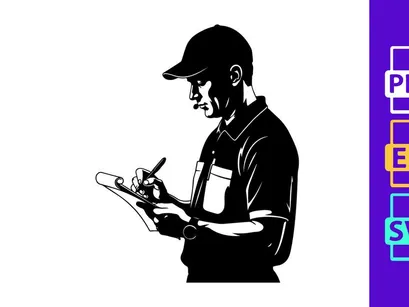 A man in a cap writing on a clipboard with a pen