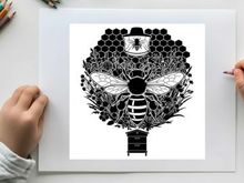 Silhouette of a bee in front of a honeycomb and beehive silhouette