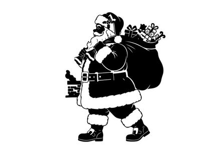 Santa claus silhouette with sack of toys on white