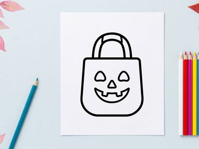 Halloween trick-or-treat bag with spooky jack-o'-lantern face. Cute cartoon candy sack for kids ready for festive celebrations.