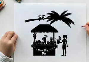Silhouette of a woman at a tropical smoothie bar with palm tree