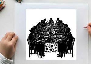 Silhouette of people sitting around a long table eating