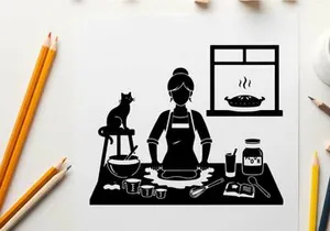 Silhouette of woman baking with cat in kitchen