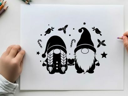 Black silhouette of two gnomes with birds and stars