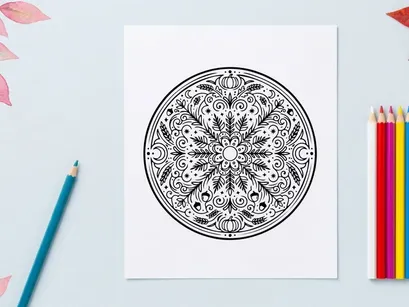 Intricate mandala design for coloring books and art therapy. Detailed circular pattern with floral motifs and geometric symmetry for adult relaxation.