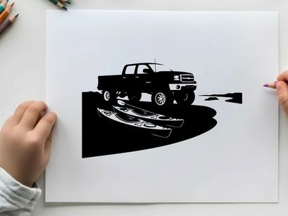 Silhouette of a pickup truck with a canoe on a trailer