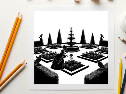 Silhouette of a woman in a garden with a fountain and trees silhouette