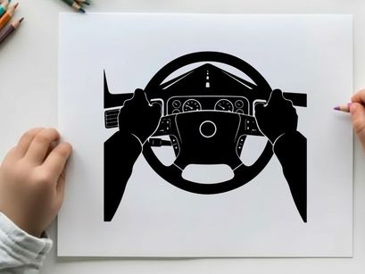 Silhouette of a car's steering wheel and dashboard