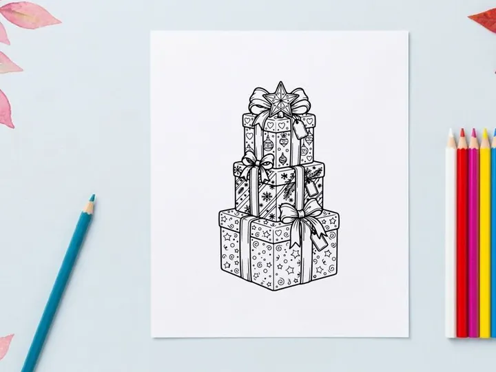 Stack of Christmas gift boxes with ribbons and bows, black and white line art illustration.