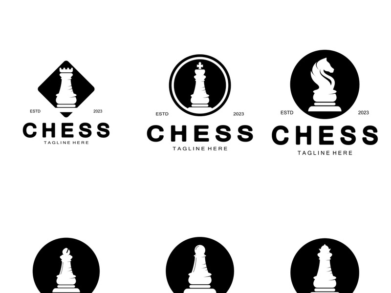 Chess strategy game logo with horse, king, pawn, minister and rook. Logo for chess tournament, chess team, chess championship, chess game application.