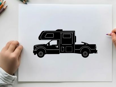 Silhouette of a camper truck with pop up roof and large storage