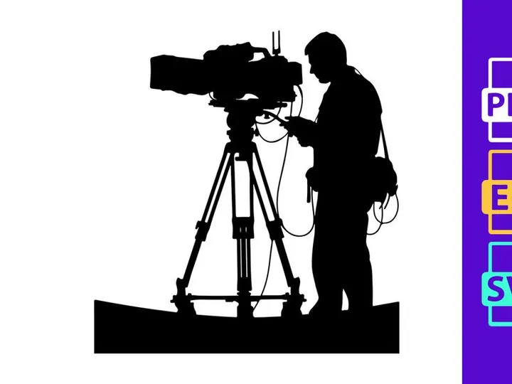 Silhouette of a cameraman operating a large video camera on a tripod stand