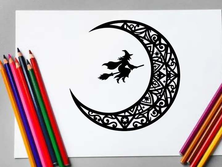 Silhouette of a witch flying on a broomstick against a decorative crescent moon