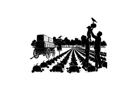 Silhouette of people harvesting pumpkins in a field with a wagon and bird